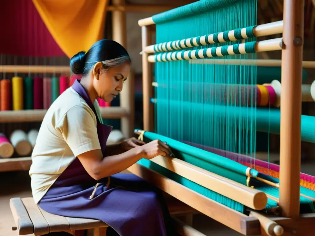 Un hábil artesano teje una colorida y compleja tela en un telar tradicional, rodeado de hilos y herramientas artesanales