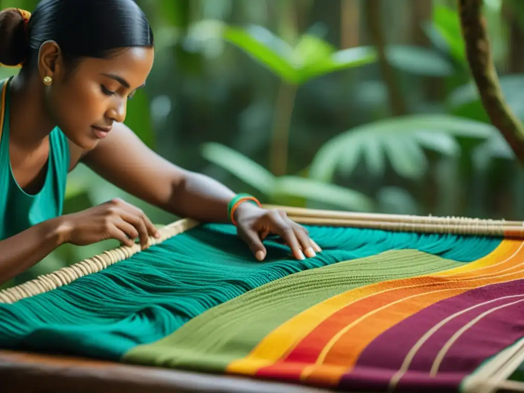 Un hábil artesano teje una colorida tapicería en la selva, preservando biodiversidad a través artesanía