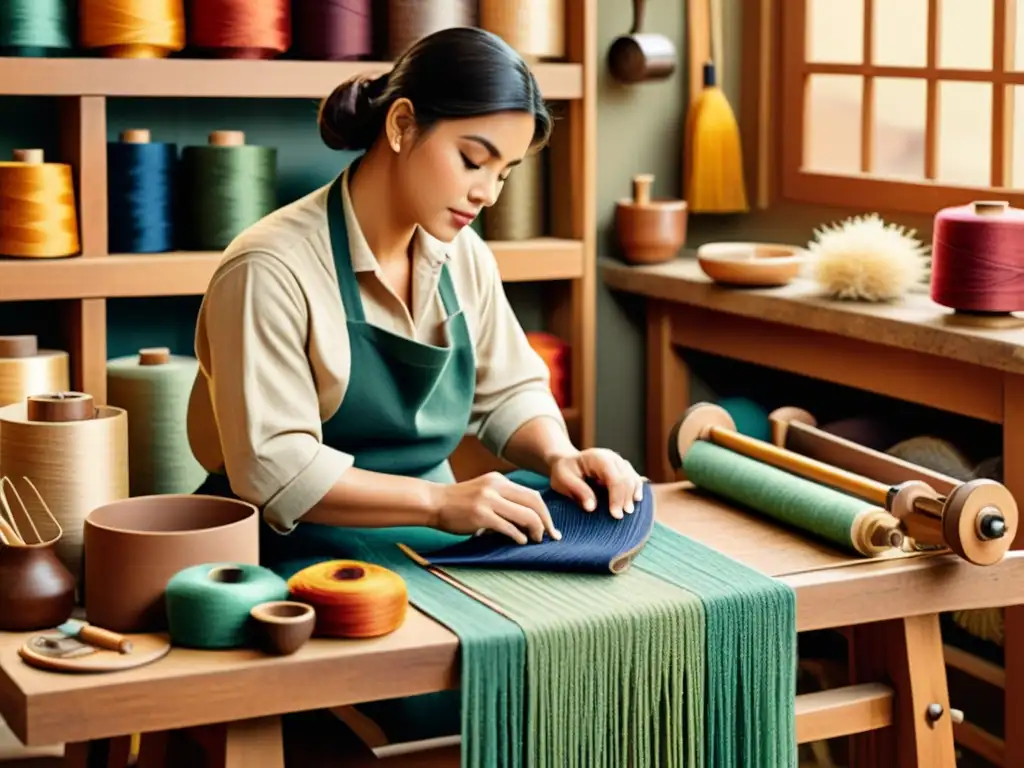 Un hábil artesano teje una colorida tapicería en su taller, transmitiendo la esencia del storytelling visual para marcas artesanales