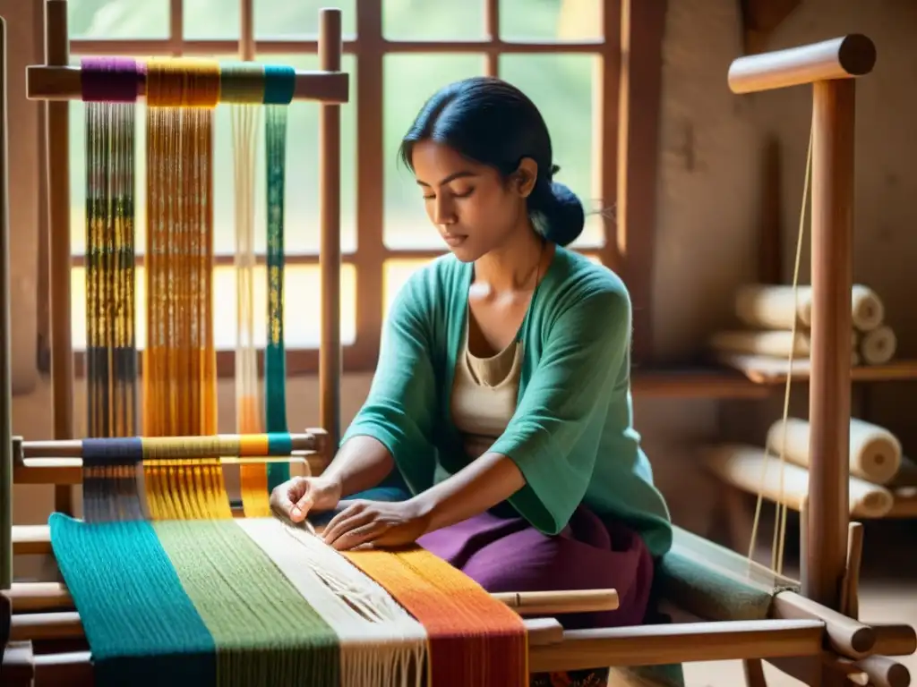 Un hábil artesano tejiendo una colorida tapicería en un telar de madera, rodeado de hilos vibrantes y patrones textiles intrincados