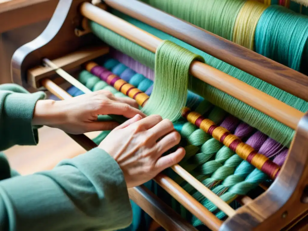 Un hábil artesano teje coloridas hebras de lana en un telar de madera vintage, capturando la textura y belleza de los productos de fibra artesanales