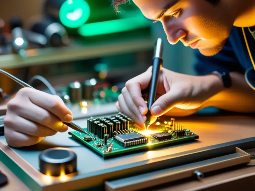 Un hábil artesano suelda con cuidado componentes electrónicos reciclados, creando una fascinante fusión de tradición y tecnología moderna