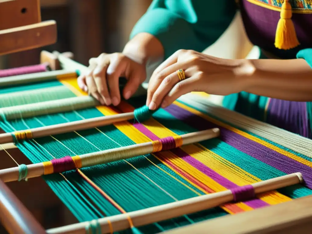 Un hábil artesano teje con cuidado hilos coloridos en un telar, evocando la artesanía regional en un mercado digital