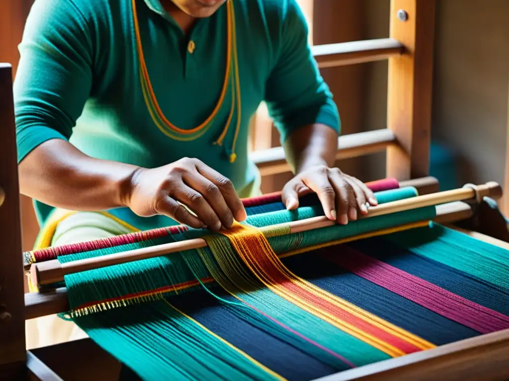 Un hábil artesano teje con cuidado hilos coloridos en un telar de madera, destacando la hermosa tela con luz natural