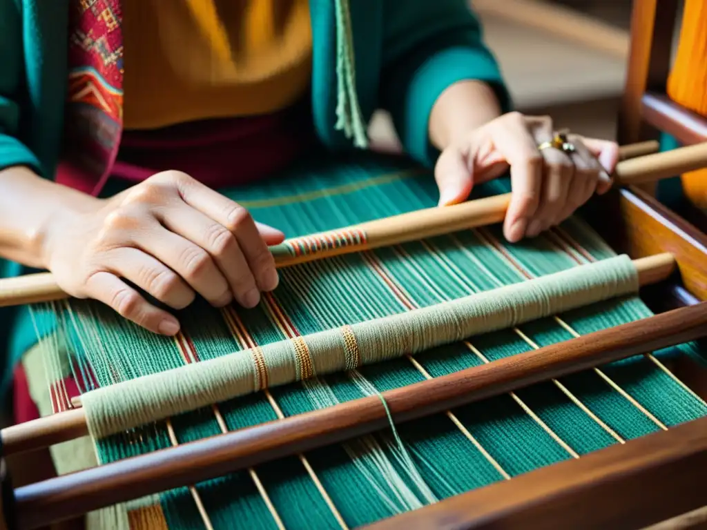 Un hábil artesano teje con cuidado patrones vibrantes en un telar tradicional