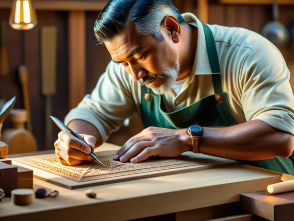 Un hábil artesano talla con cuidado una pieza de madera, resaltando la dedicación y destreza en la artesanía