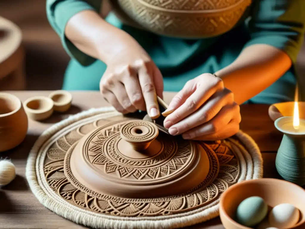 Un hábil artesano trabaja con cuidado en una pieza tradicional rodeado de materiales naturales