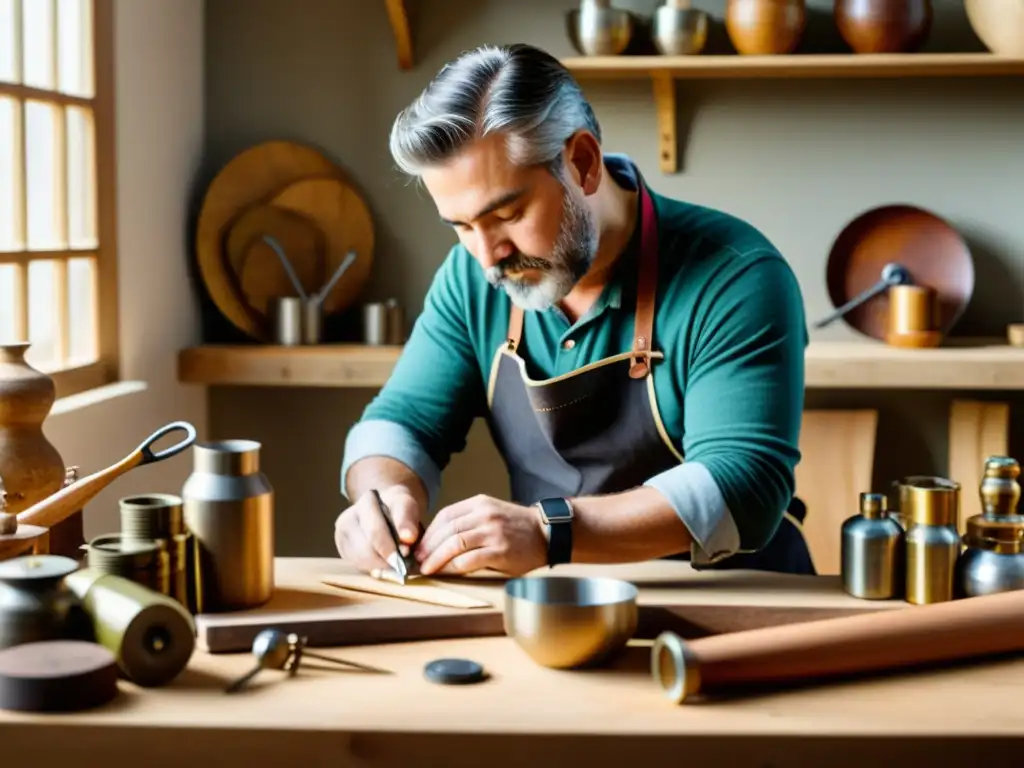 Un hábil artesano crea con cuidado un producto único, rodeado de herramientas vintage y materiales sostenibles