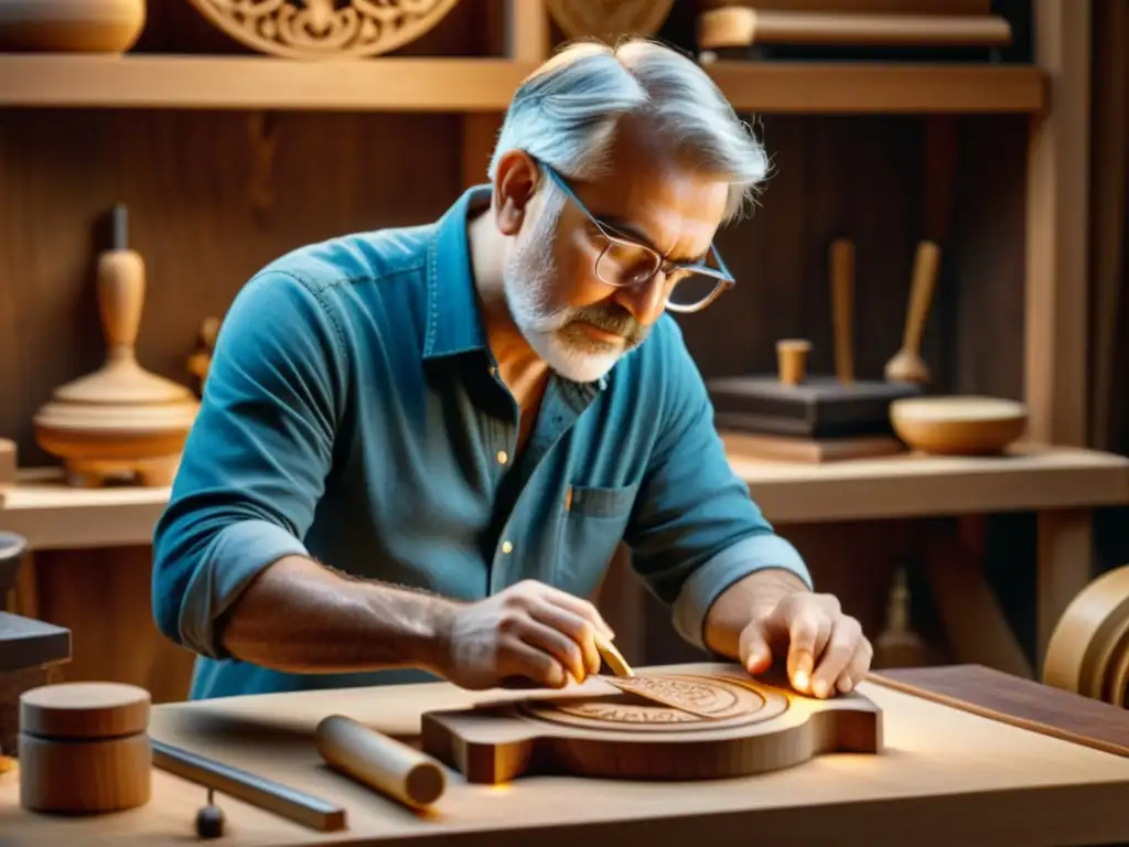 Artesano digitalizando talla antigua con escáner 3D Un hábil artesano escanea con cuidado una talla de madera antigua, rodeado de herramientas tradicionales y una cálida iluminación vintage