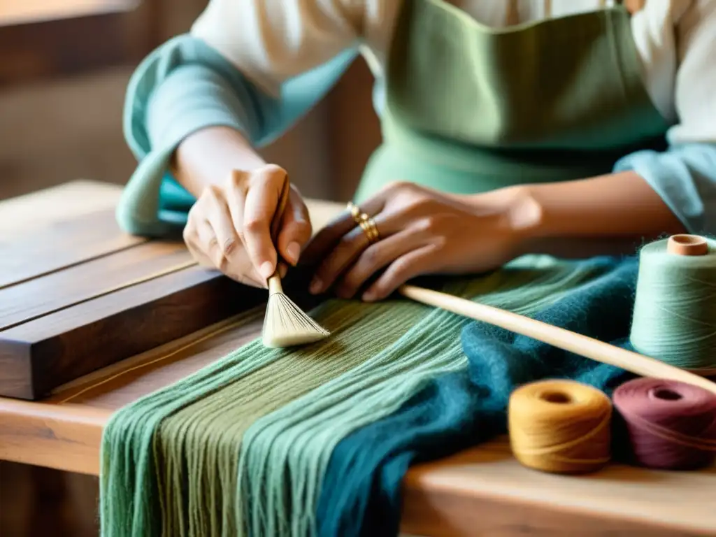 Un hábil artesano teje con cuidado una tela tradicional con materiales sostenibles como algodón orgánico o lana teñida a mano