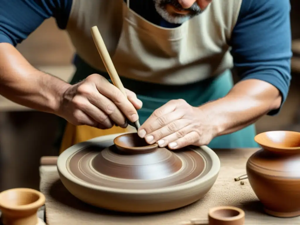 Un hábil artesano crea con dedicación una artesanía tradicional, capturando la esencia de la maestría en un mundo digital