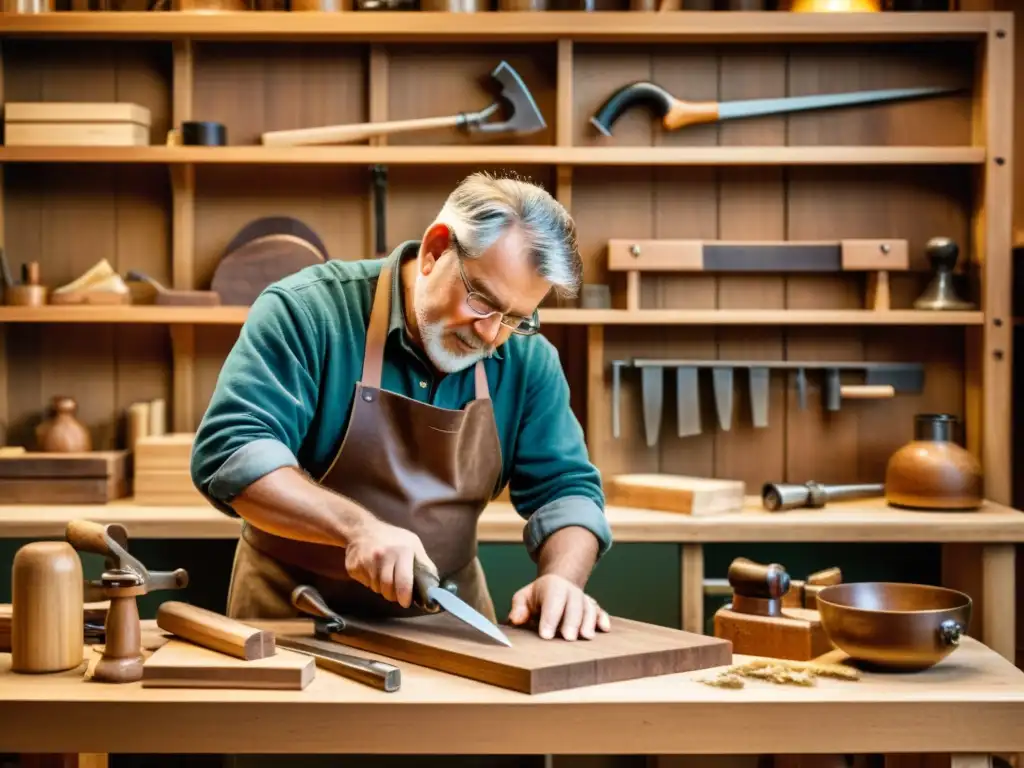 Un hábil artesano talla con dedicación en un banco de trabajo de madera, rodeado de herramientas y virutas, evocando retratos de artesanos en acción