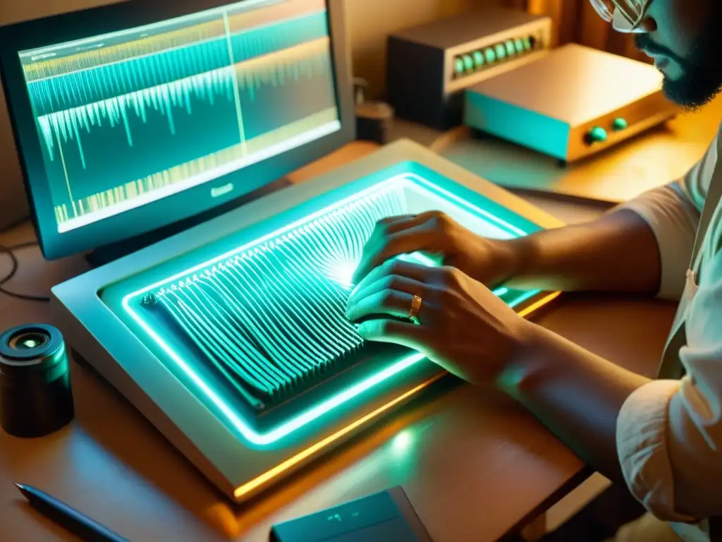 Artesano digital crea obra maestra vintage Un hábil artesano crea con dedicación una delicada obra de arte digital en una computadora vintage, exudando artesanía digital en la era moderna