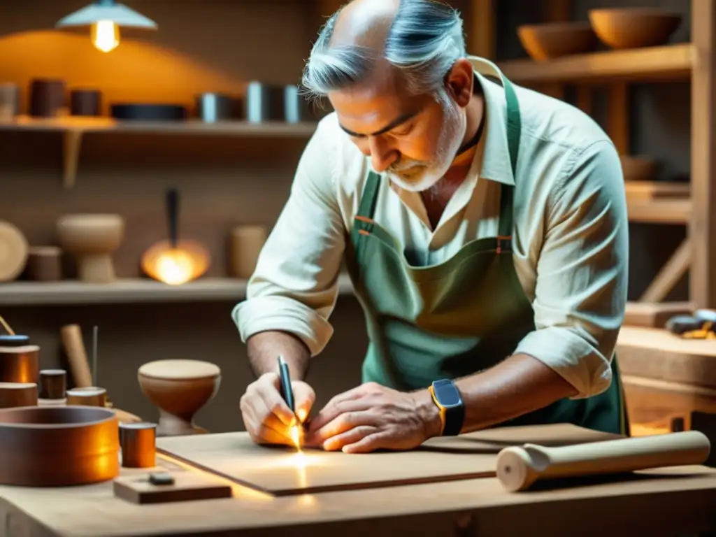 Un hábil artesano crea con dedicación una hermosa pieza rodeado de materiales sostenibles y herramientas, evocando nostalgia y artesanía