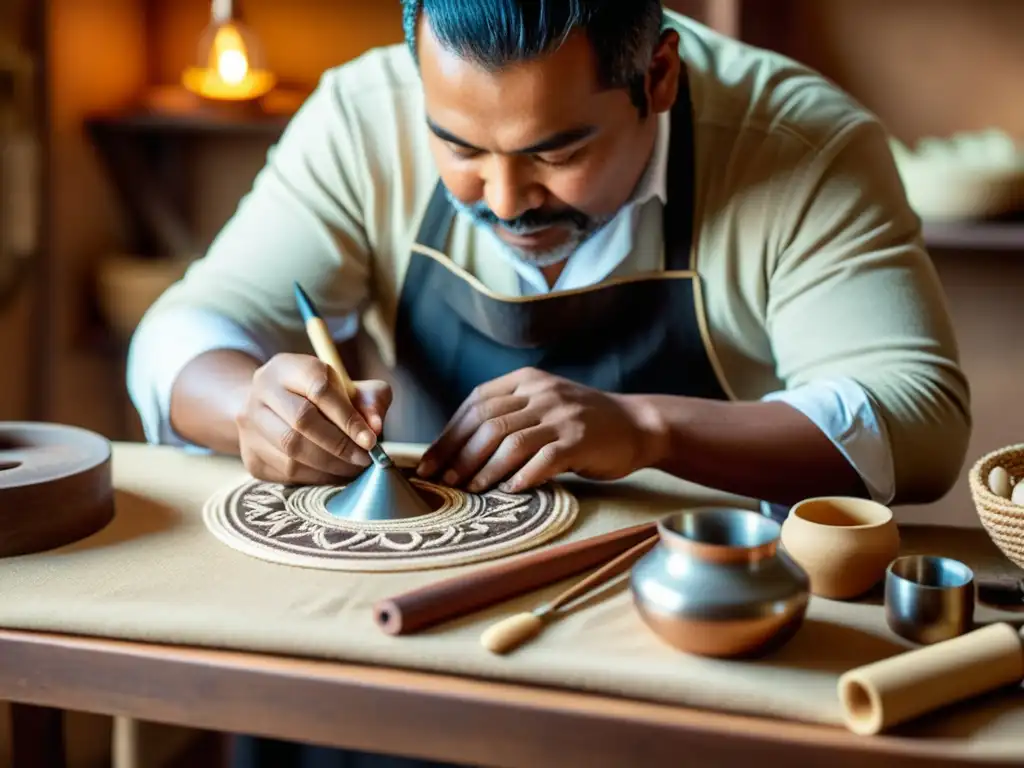 Un hábil artesano crea con dedicación un producto artesanal, rodeado de herramientas tradicionales