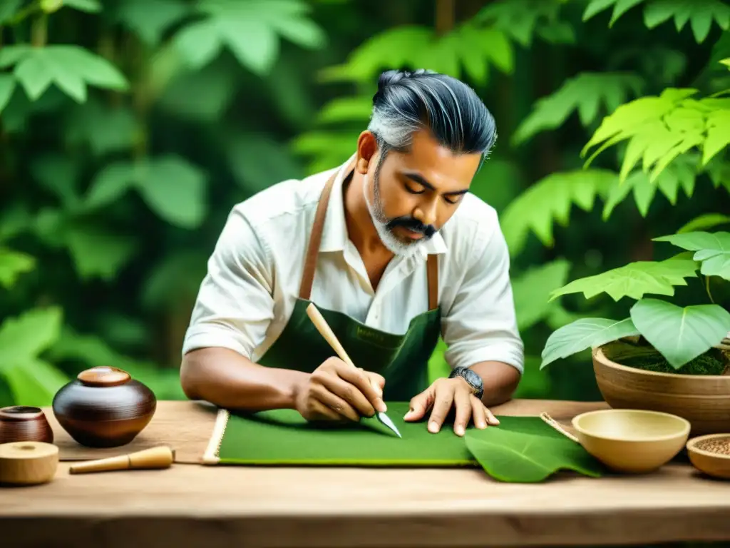 Un hábil artesano crea una delicada obra digital rodeado de vegetación, destacando la artesanía digital y las certificaciones ecológicas