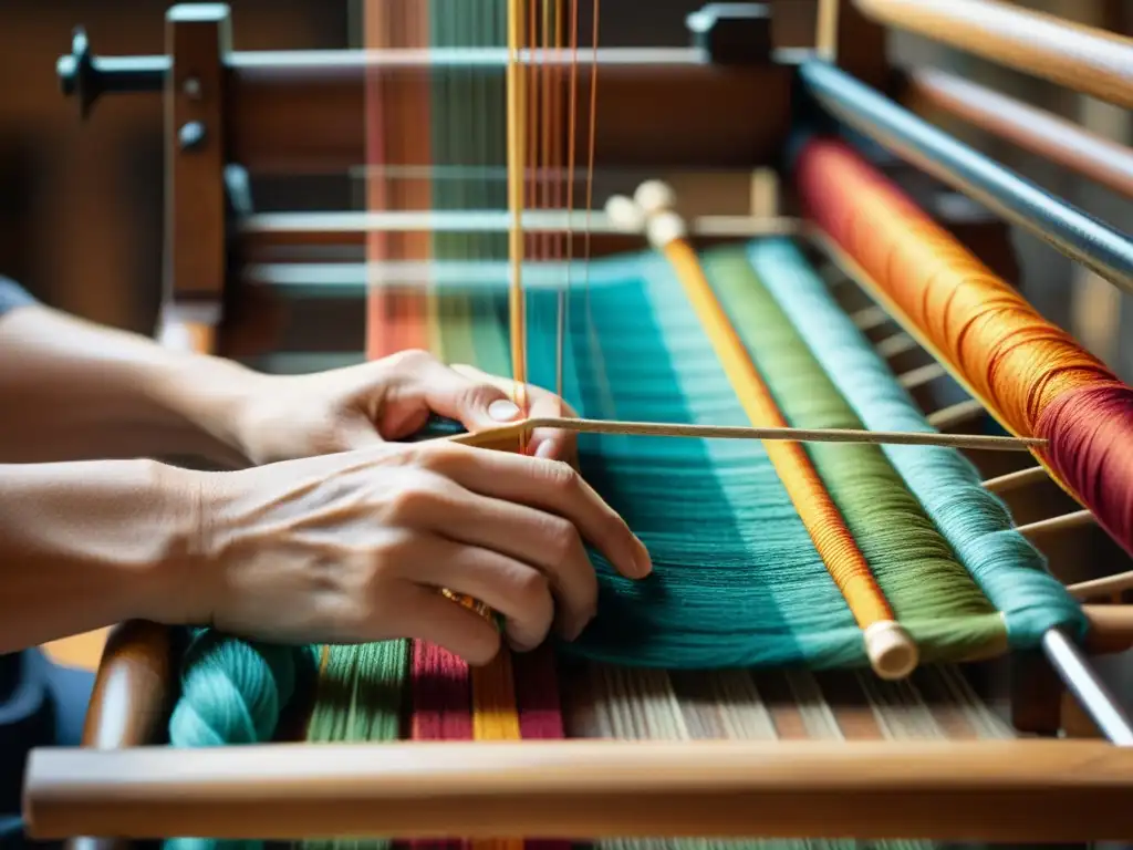 Un hábil artesano teje con delicadeza hilos coloridos en un telar de madera vintage