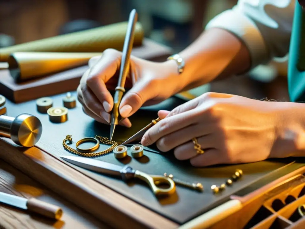 Un hábil artesano trabaja con delicadeza en una joyería artesanal digital, utilizando herramientas vintage en un banco de trabajo