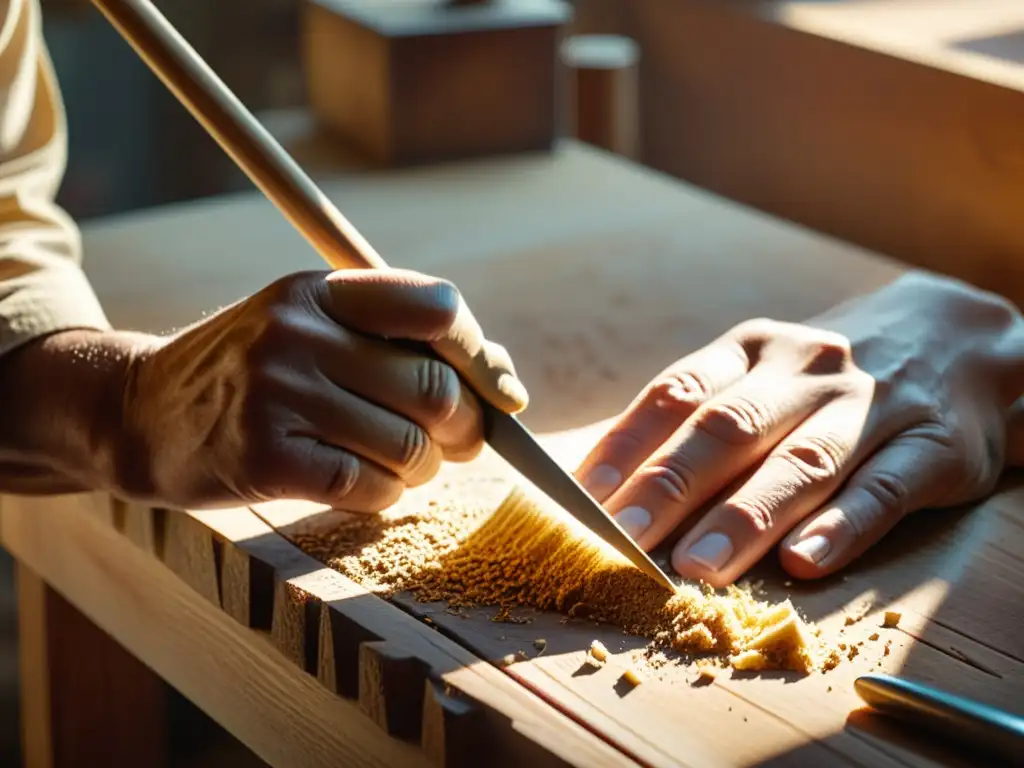 Un hábil artesano esculpe delicados diseños en madera, con herramientas tradicionales y ambiente nostálgico