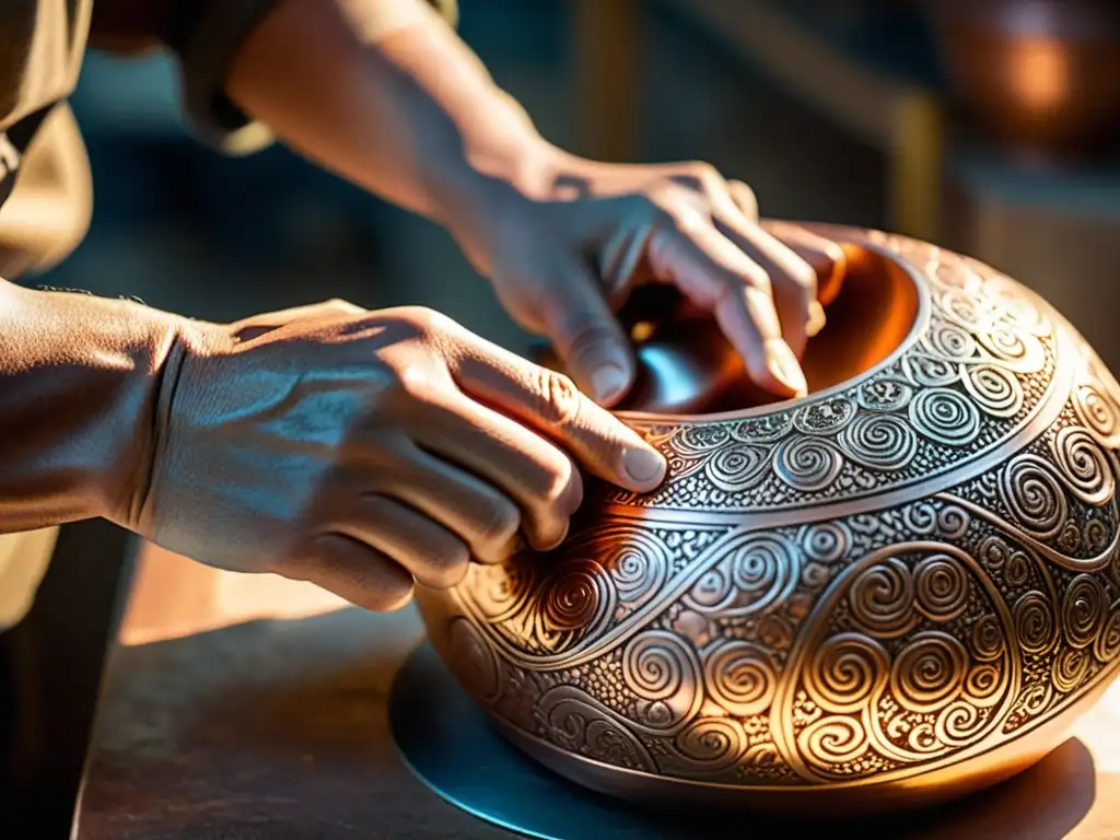 Un hábil artesano moldea con destreza una escultura de cobre, utilizando técnicas tradicionales renovadas