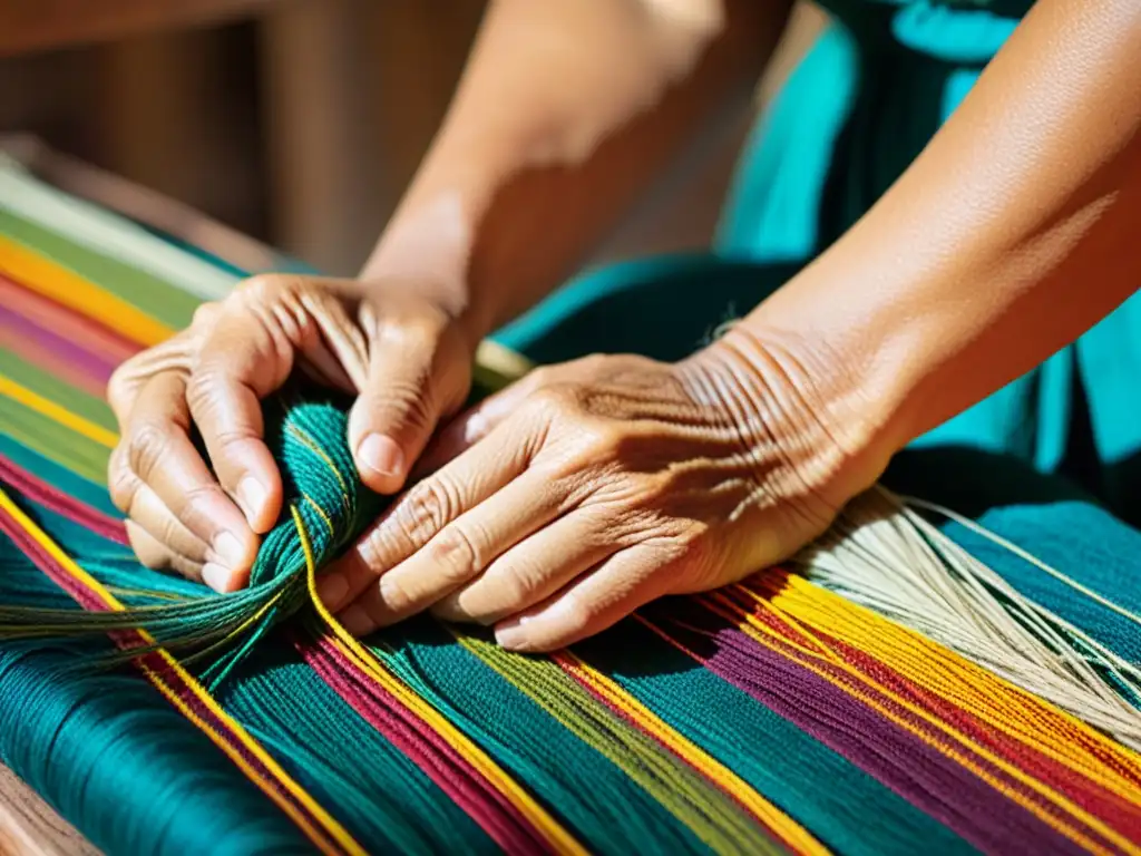 Un hábil artesano teje con destreza hilos coloridos en un patrón tradicional, iluminado por una cálida luz natural