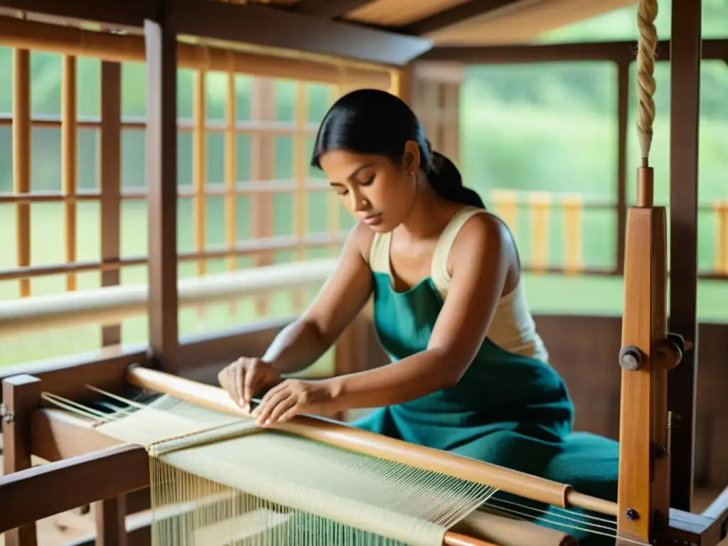 Un hábil artesano teje con destreza hilos vibrantes en un telar de madera, redefiniendo la artesanía textil en la era digital