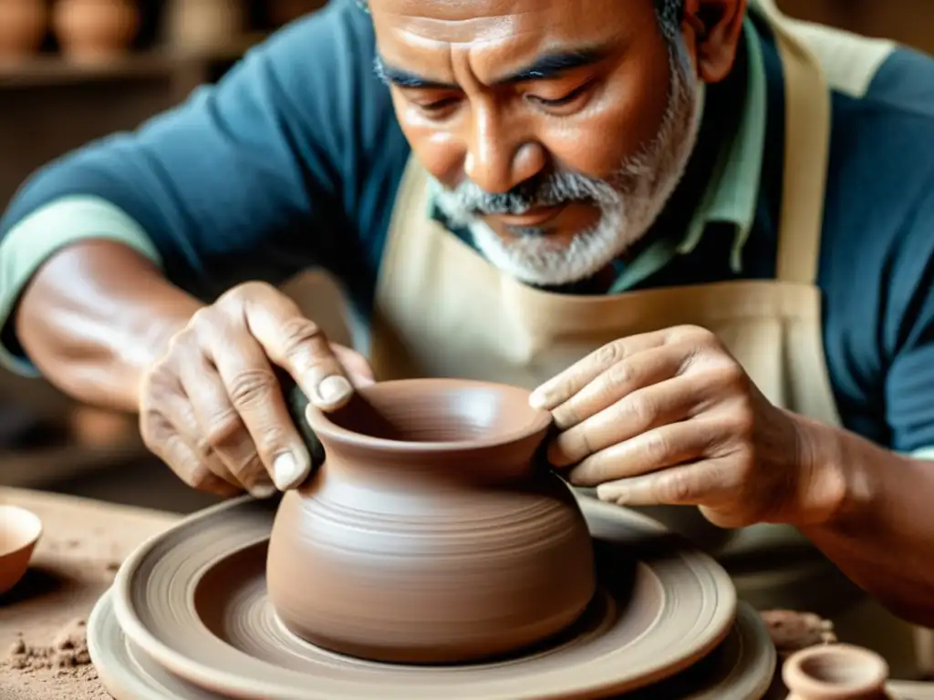 Un hábil artesano modela con destreza una pieza de cerámica tradicional, fusionando artesanía tradicional con diseño para interfaces digitales