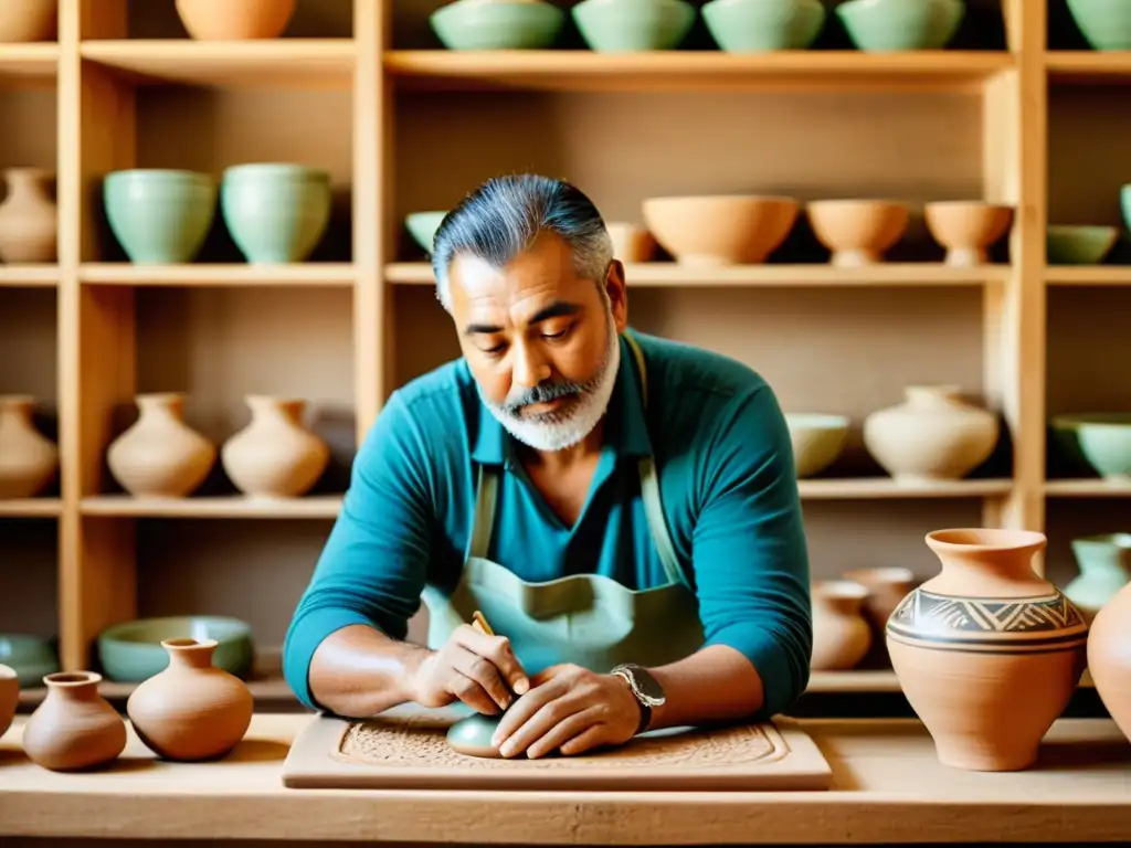 Un hábil artesano moldea con destreza una pieza de cerámica en su taller, combinando la tradición artesanal con la sociedad digital