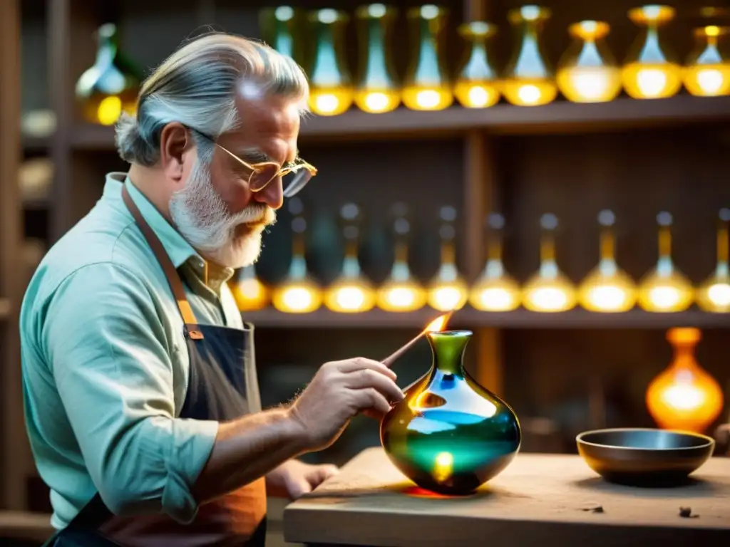 Un hábil artesano moldeando con destreza el vidrio en un taller tradicional, con luz natural iluminando los vibrantes colores del cristal fundido