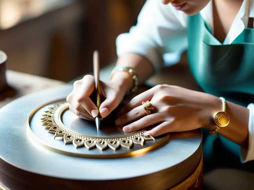 Artesana de joyas: manos expertas crean belleza atemporal Un hábil artesano trabaja con detalle en una joya, rodeado de herramientas y materiales antiguos