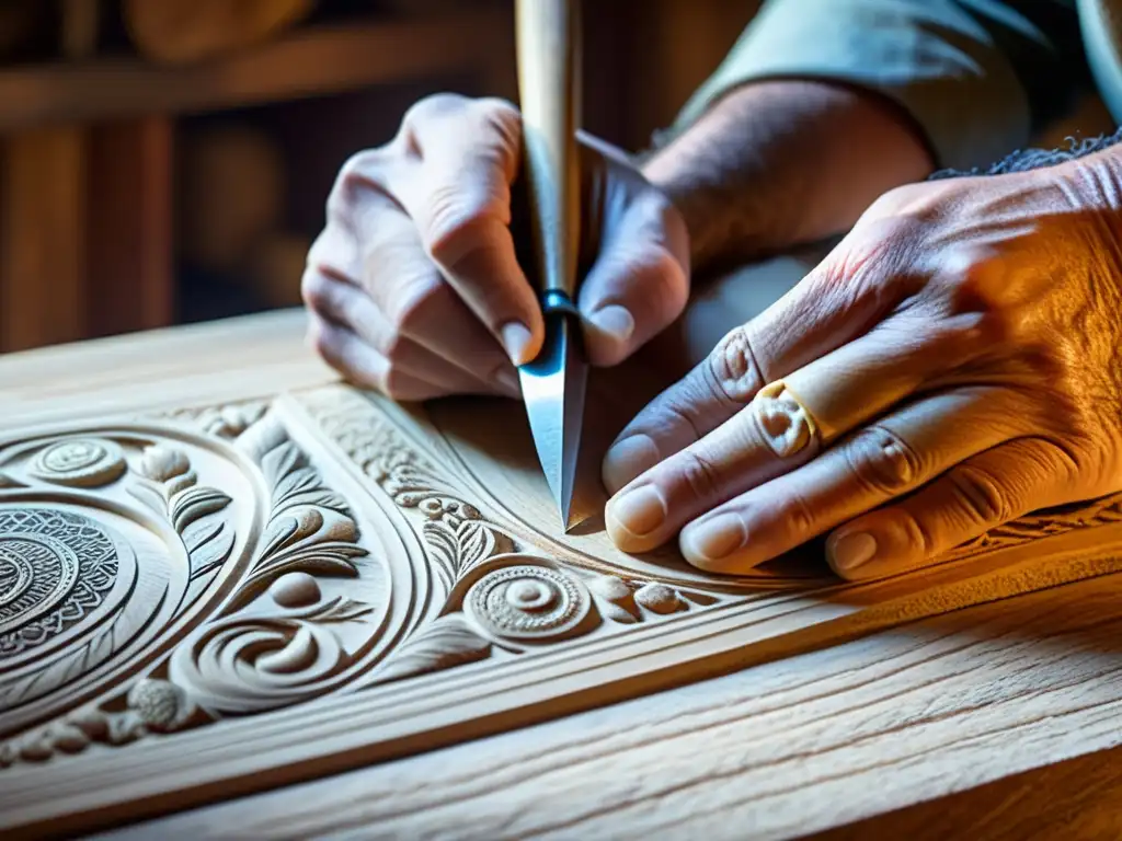 Un hábil artesano talla con detalle en madera, rodeado de herramientas vintage