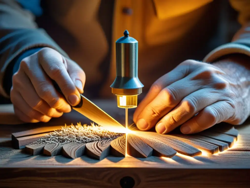 Un hábil artesano talla con detalle en madera antigua, bajo la cálida luz de una lámpara vintage