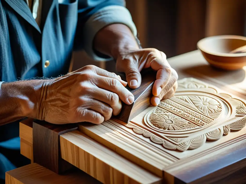 Un hábil artesano talla detalles en madera, destacando la artesanía tradicional