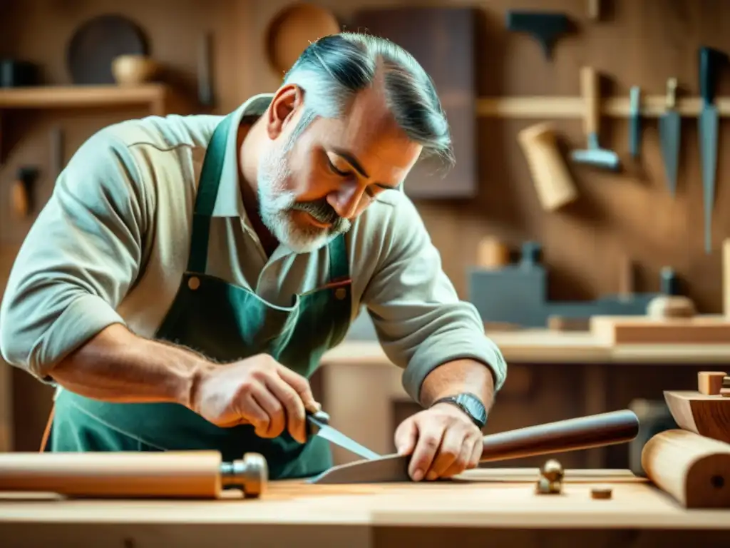 Un hábil carpintero artesano talla detalles en una mesa de madera en su taller iluminado, rodeado de herramientas tradicionales