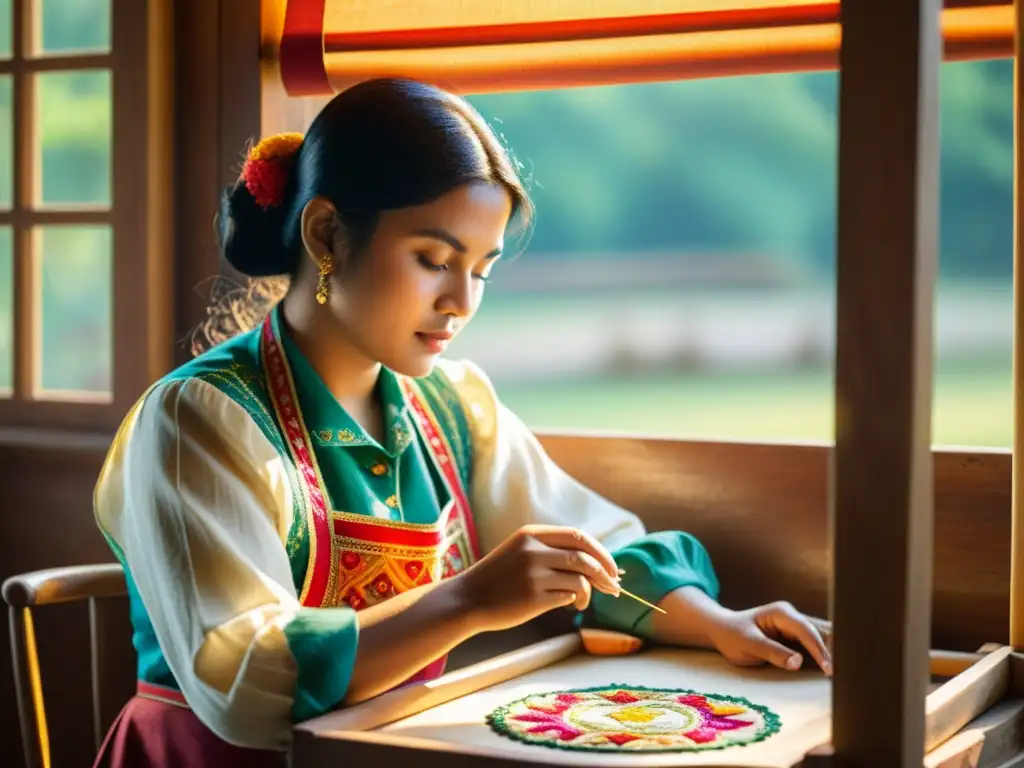 Un hábil artesano borda meticulosamente un diseño tradicional con hilos coloridos, evocando la dedicación y la artesanía del bordado tradicional