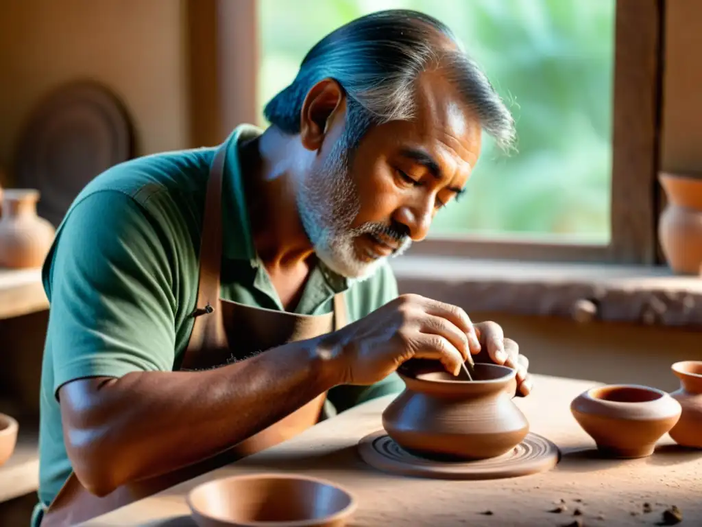 Un hábil artesano talla diseños en cerámica tradicional en un banco de trabajo de madera