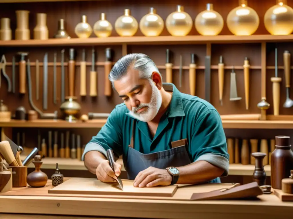 Un hábil artesano esculpe diseños detallados en madera, rodeado de herramientas en un taller vintage