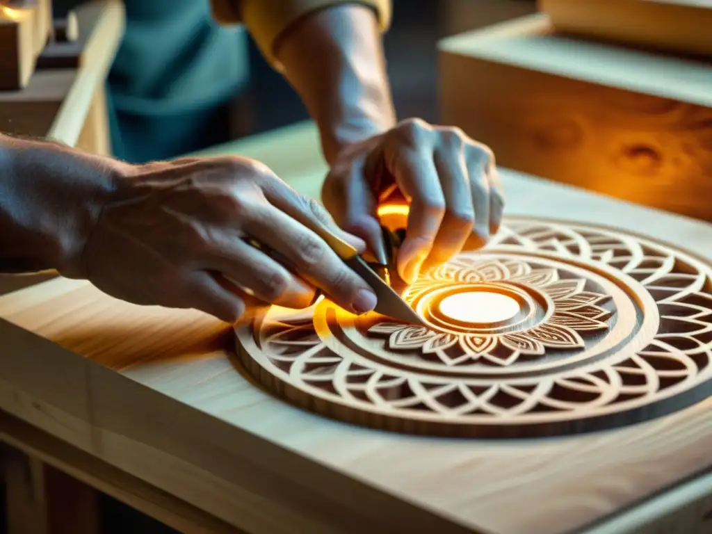 Un hábil artesano talla diseños intrincados en madera digital, con una fusión armoniosa de storytelling y artesanía