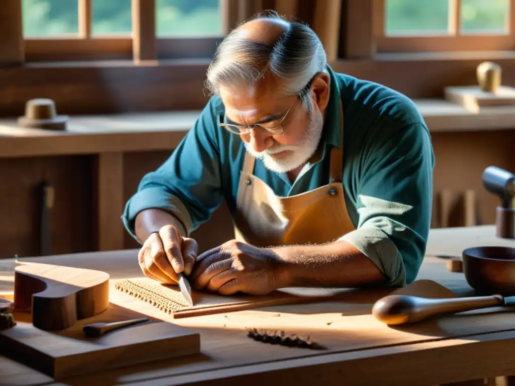 Un hábil artesano tallando diseños en madera con meticulosidad, inundado por la luz del sol