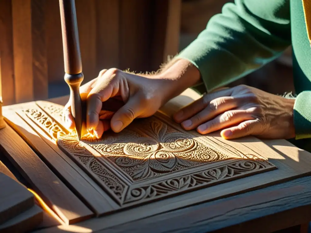 Un hábil artesano tallando diseños en madera con luz dorada, realzando la artesanía tradicional con impresión 3D