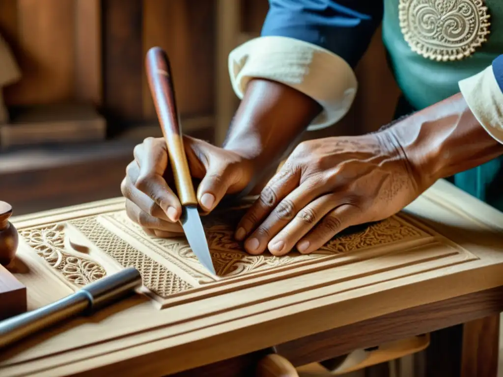 Un hábil artesano talla diseños en madera con herramientas tradicionales, bañado por cálida luz natural