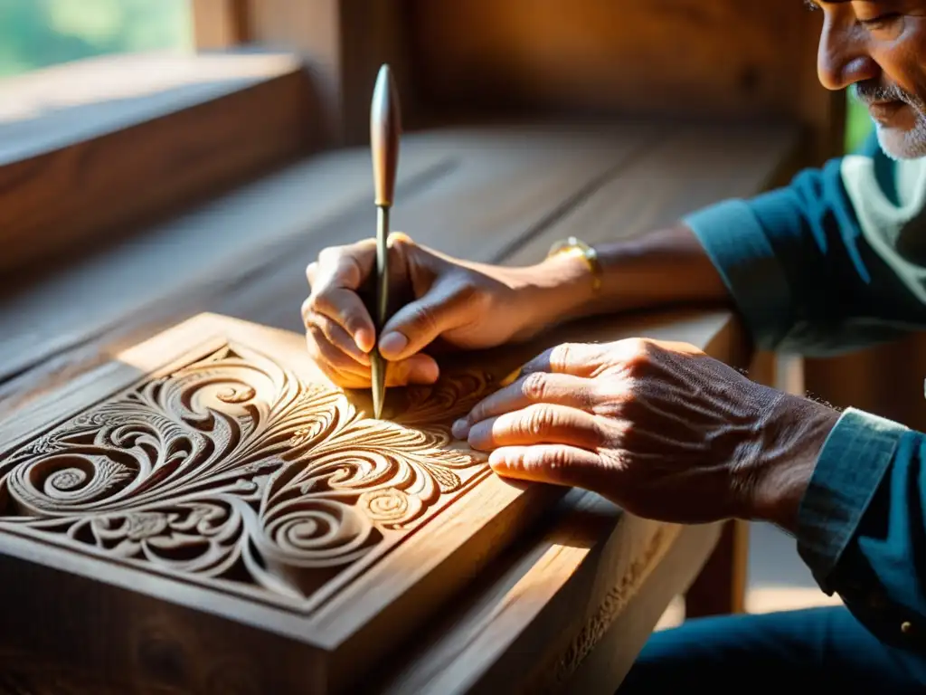 Un hábil artesano tallando diseños en madera antigua, destacando la alianza estratégica de la artesanía tradicional