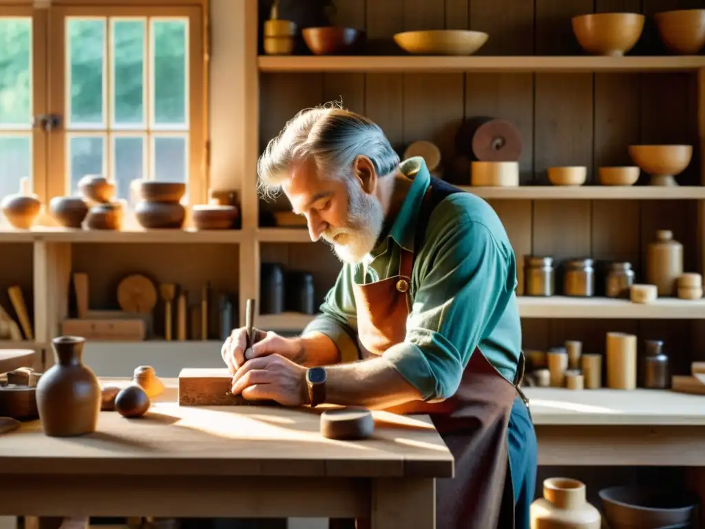 Un hábil artesano talla diseños en madera sostenible, rodeado de herramientas artesanales y tintes naturales