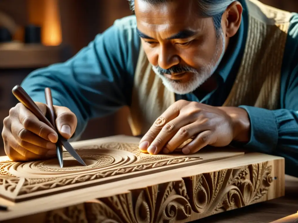 Un hábil artesano talla diseños en madera con herramientas vintage, iluminado por luz cálida