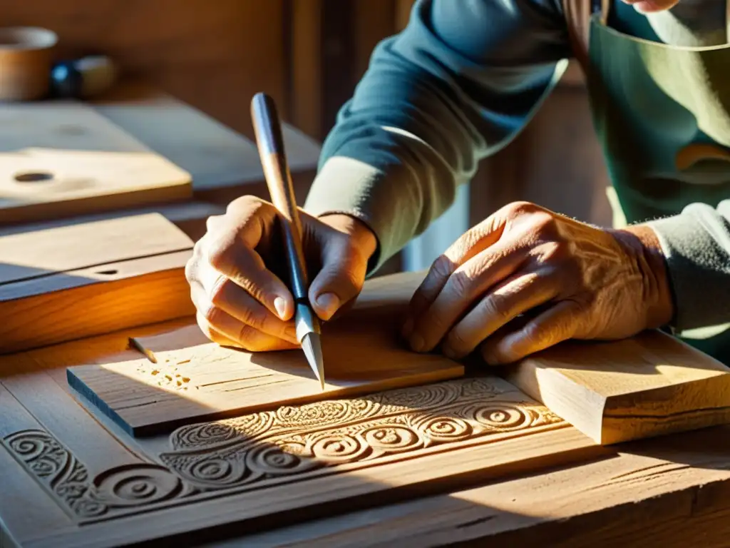 Un hábil artesano talla diseños en madera con herramientas tradicionales en un taller lleno de luz cálida