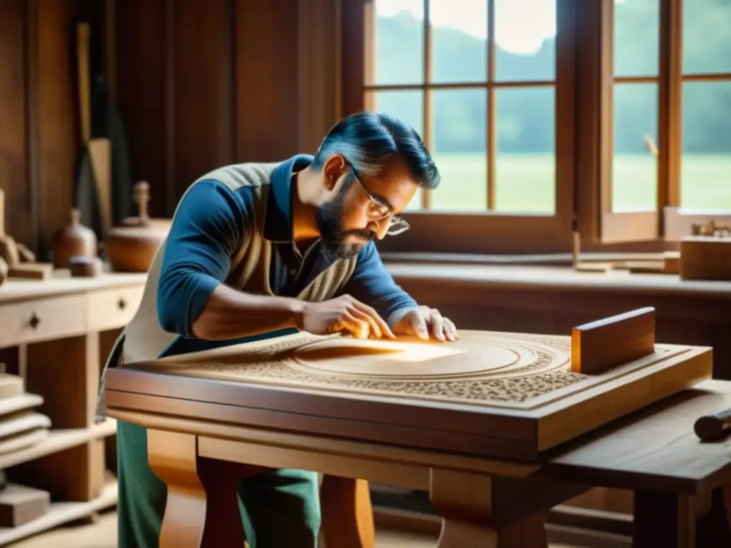 Artesano escaneando con dedicación una antigua pieza de madera tallada Un hábil artesano utiliza un escáner 3D para restaurar digitalmente una pieza de mobiliario vintage tallada