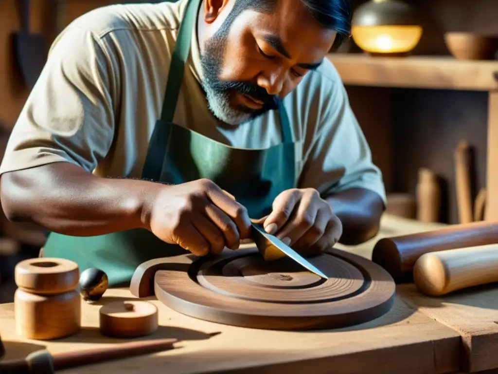 Un hábil artesano talla una escultura de madera con herramientas tradicionales, en un taller iluminado por una cálida luz vintage