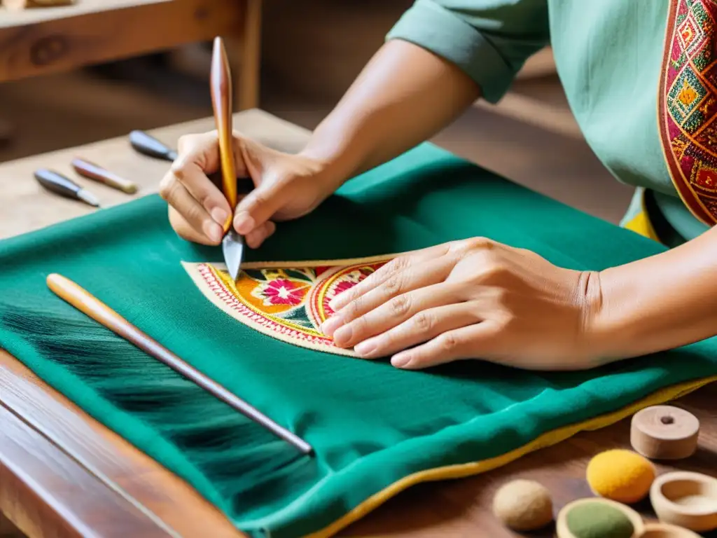 Un hábil artesano pinta con esmero una colorida tela en su taller, rodeado de herramientas y materiales tradicionales