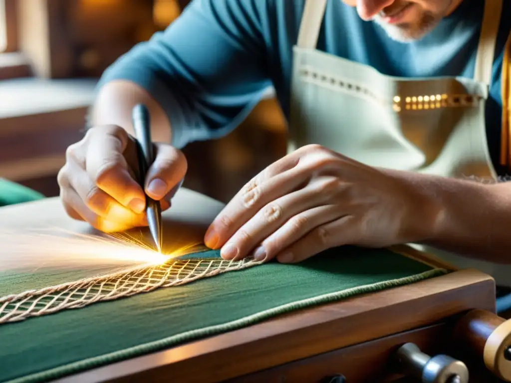 Un hábil artesano crea con esmero una hermosa pieza de artesanía digital en su taller, rodeado de herramientas vintage