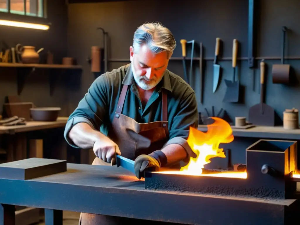 Un hábil artesano forja con esmero una intrincada navaja en un taller de herrería tradicional, donde se entrelazan técnicas antiguas y corte láser moderno